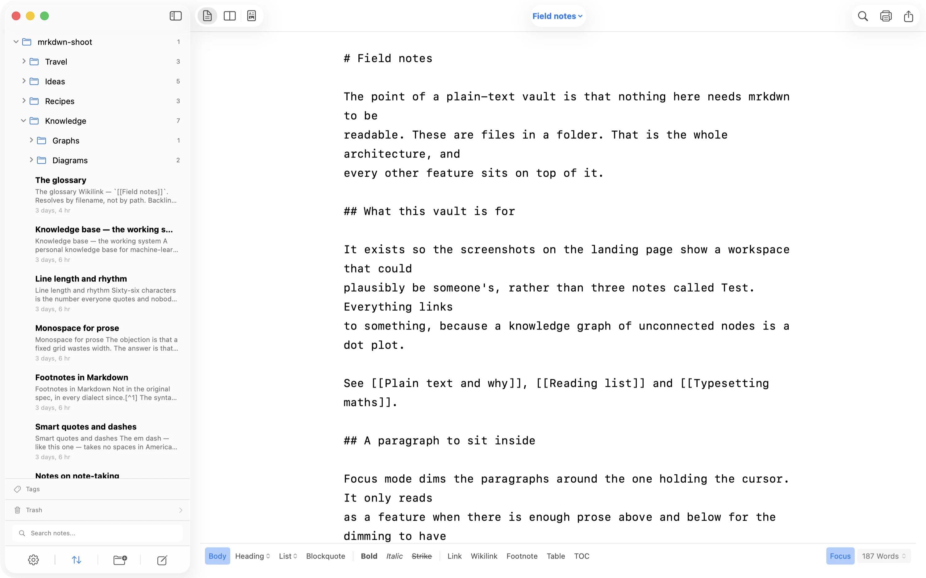 mrkdwn on macOS, editing a Markdown file from a folder on disk.